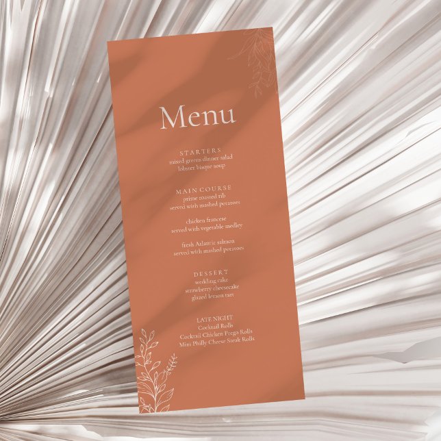 Dark Terracotta Botanical Wedding Menu (Dark Terracotta Botanical Wedding Menu on a sunny neutral dry palm leaf.)
