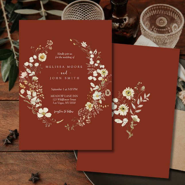 Dark Terracotta Rustic Boho Wildflower Wedding Invitation (Creator Uploaded)