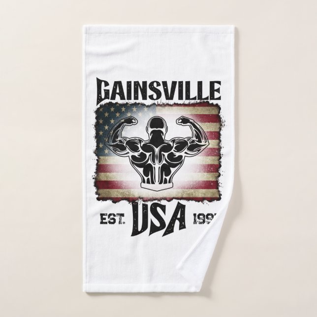 Dark Text Gainsville USA Flag Biceps Bodybuilder Hand Towel (Hand Towel)