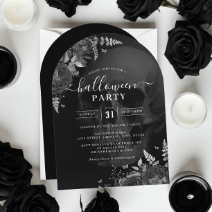 Dark Theme Floral Skull Halloween Party Invitation