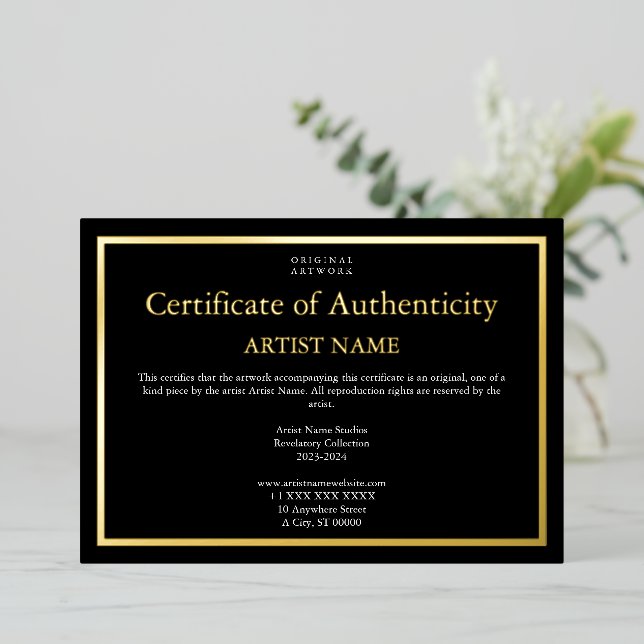 Dark Theme Gold Foil Certificate of Authenticity (Standing Front)