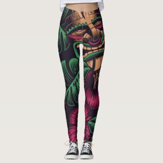 Dark tiki mask and hibiscus flower leggings