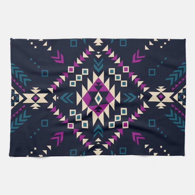 Dark tribal Navajo, vintage geometric. Tea Towel (Horizontal)