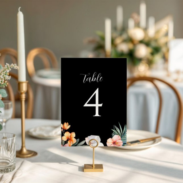 Dark Tropical Floral Wedding Table Number (tropical wedding table sign black)