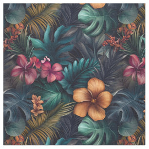 Dark Tropical Hibiscus & Leaves  Fabric