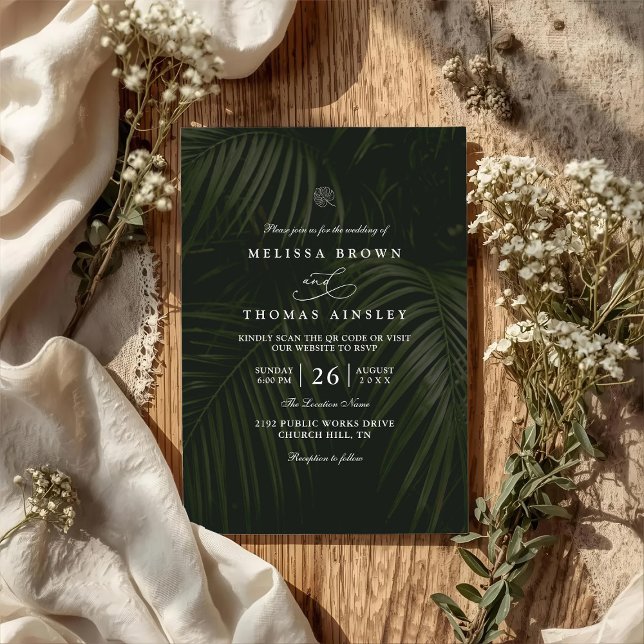 Dark Tropical Palm Leaves Elegant QR Code Wedding Invitation (Creator Uploaded)