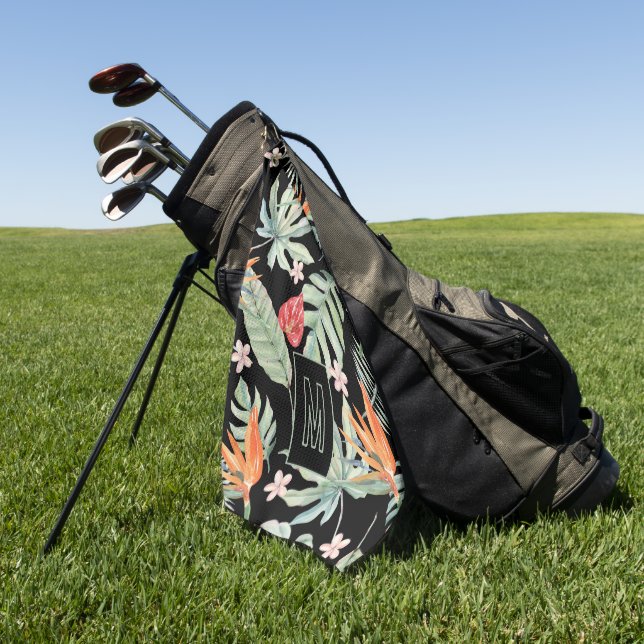 Dark Tropics Flower Foliage Fantasy with Monogram Golf Towel (Green)