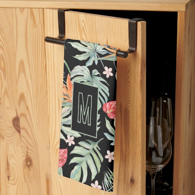 Dark Tropics Flower Foliage Fantasy with Monogram Tea Towel (Thirds Fold)