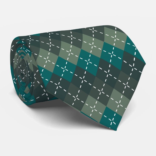 Dark Turquoise and Grey Argyle, White Stitching Tie (Rolled)