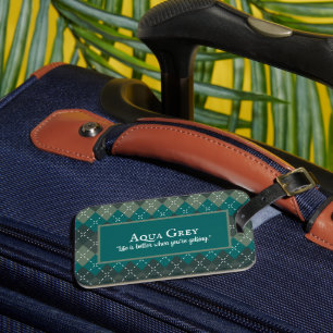 Dark Turquoise and Grey Preppy Argyle Luggage Tag