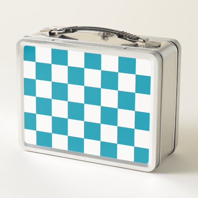 Dark turquoise chequered  metal lunch box (Back)