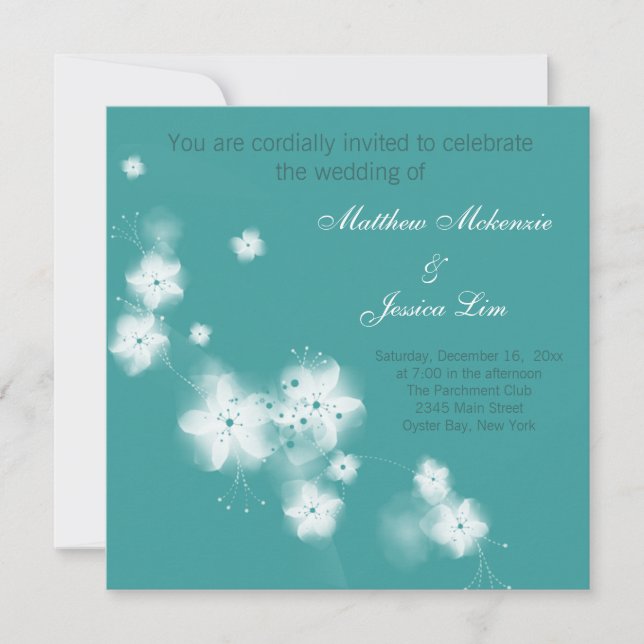 Dark Turquoise Cherry Blossom Wedding Invitation (Front)