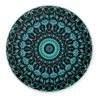 Dark Turquoise Floral Mandala Ceramic Knob