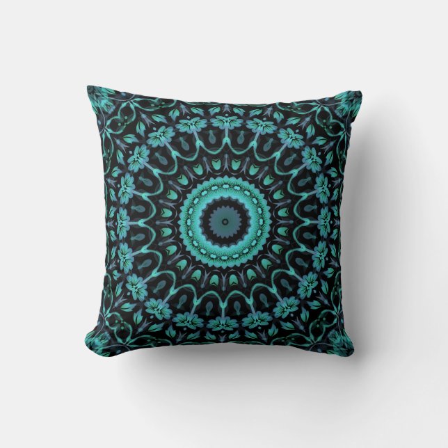 Dark Turquoise Floral Mandala Cushion (Front)