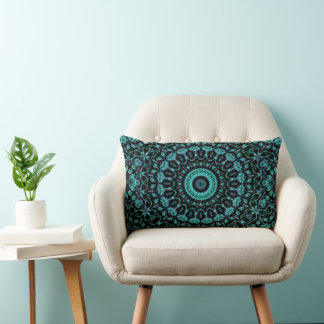 Dark Turquoise Floral Mandala Lumbar Cushion
