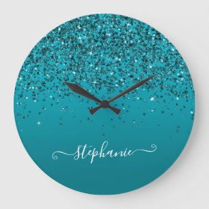 Dark Turquoise Glittery Gradient Girly Calligraphy Large Clock