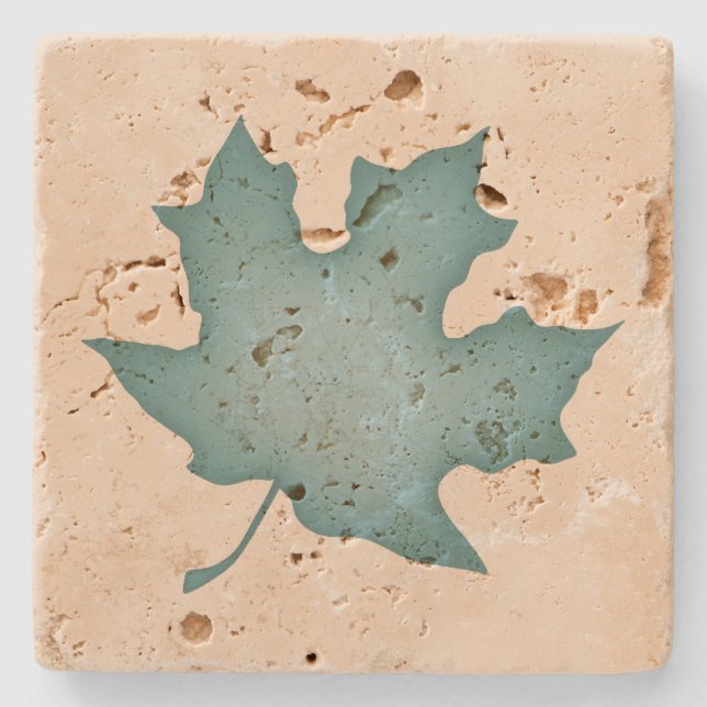 Dark Turquoise Leaf on Cream Stone Coaster (Front)