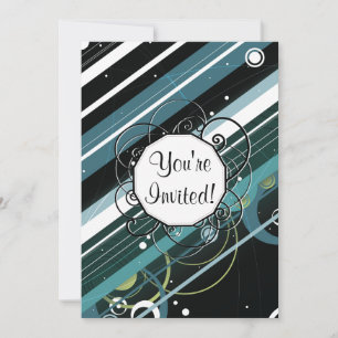 Dark Turquoise Modern-Retro Stripes with Monogram Invitation