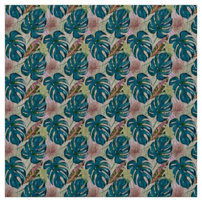Dark turquoise monstera, delicate peach and yellow fabric (Swatch)