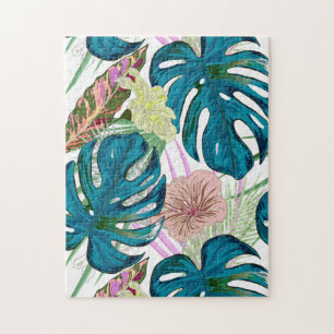 Dark turquoise monstera, delicate peach and yellow jigsaw puzzle