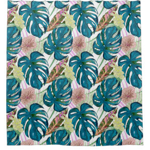 Dark turquoise monstera, delicate peach and yellow shower curtain