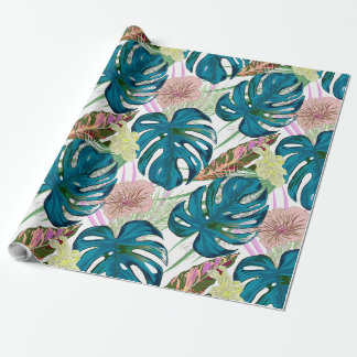Dark turquoise monstera, delicate peach and yellow wrapping paper