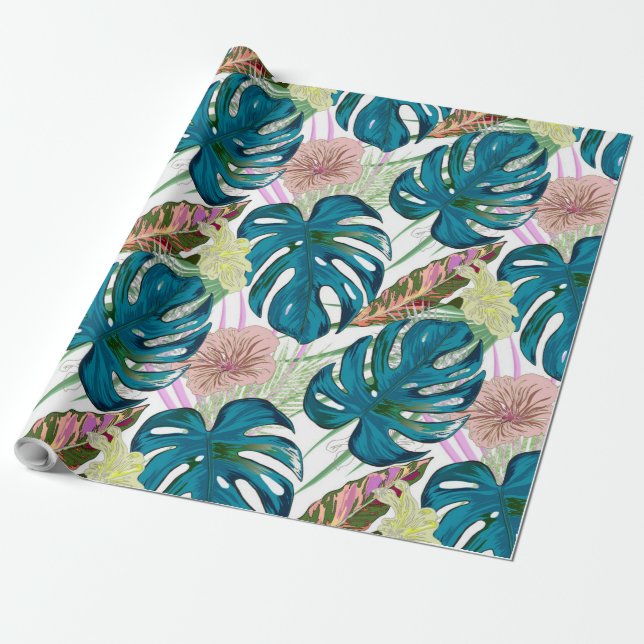 Dark turquoise monstera, delicate peach and yellow wrapping paper (Unrolled)
