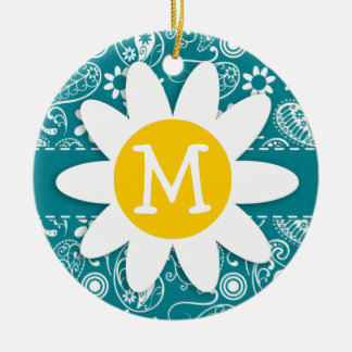 Dark Turquoise Paisley; Daisy Ceramic Tree Decoration