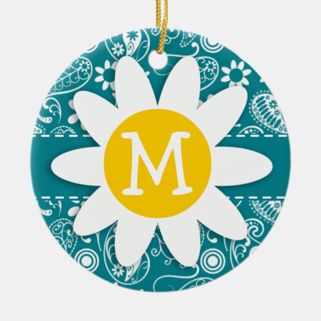 Dark Turquoise Paisley; Daisy Ceramic Tree Decoration (Front)