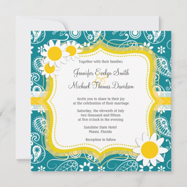 Dark Turquoise Paisley; Daisy Invitation (Front)