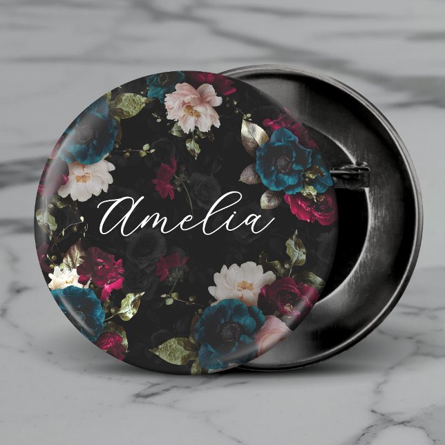 Dark Turquoise Red Floral Monogram 3 Cm Round Badge (Creator Uploaded)