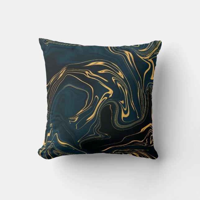 Dark Turquoise Teal Gold Black Rich Abstract Art Cushion (Front)