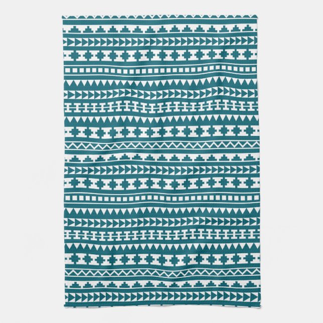 Dark Turquoise Tribal Aztec Pattern Tea Towel (Vertical)