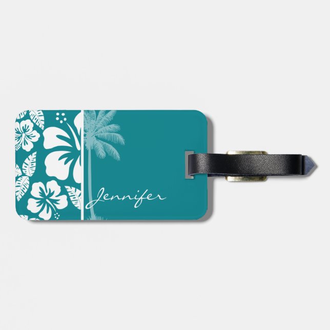 Dark Turquoise Tropical Hibiscus; Palm Luggage Tag (Back Horizontal)