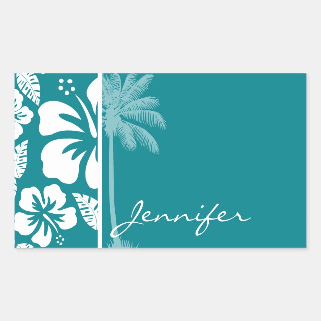 Dark Turquoise Tropical Hibiscus; Palm Rectangular Sticker (Front)