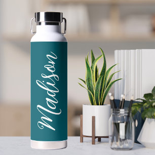 Dark Turquoise White Handwritten Script Custom Water Bottle