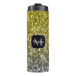 Dark ultimate grey yellow sparkles ombre Monogram Thermal Tumbler