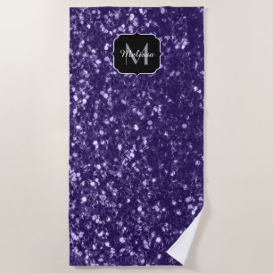 Dark ultra violet purple glitter sparkles Monogram Beach Towel