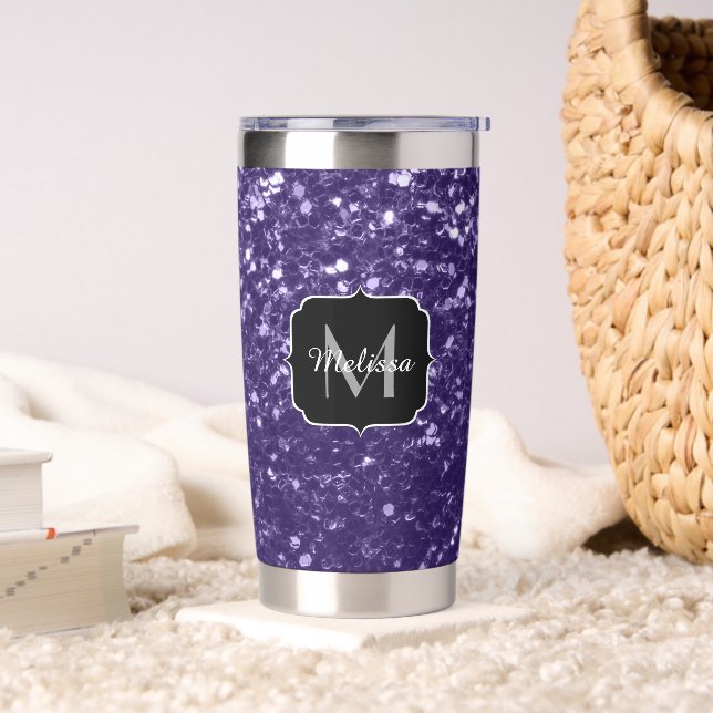 Dark ultra violet purple glitter sparkles Monogram Insulated Tumbler (Living Room)