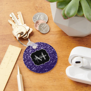 Dark ultra violet purple glitter sparkles Monogram Key Ring