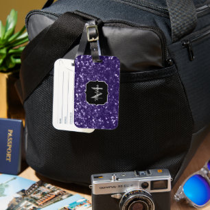 Dark ultra violet purple glitter sparkles Monogram Luggage Tag