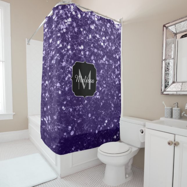Dark ultra violet purple glitter sparkles Monogram Shower Curtain (In Situ)
