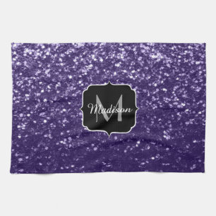 Dark ultra violet purple glitter sparkles Monogram Tea Towel