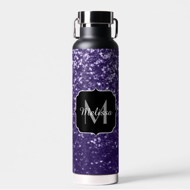 Dark ultra violet purple glitter sparkles Monogram Water Bottle (Front)