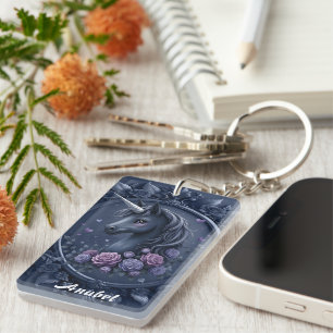 Dark Unicorn Portrait in a Round Frame  Key Ring
