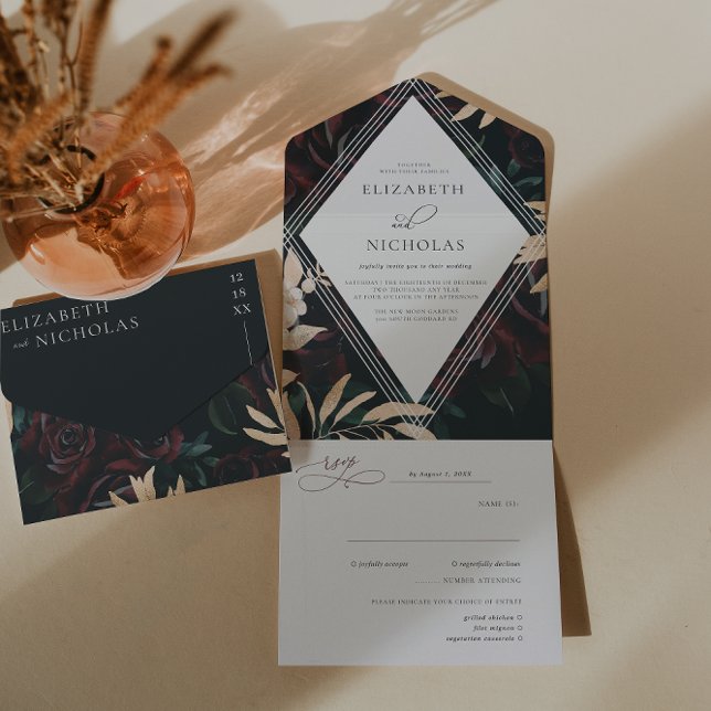 Dark Velvet Burgundy Rose | Autumn Winter Wedding  All In One Invitation (Creator Uploaded)