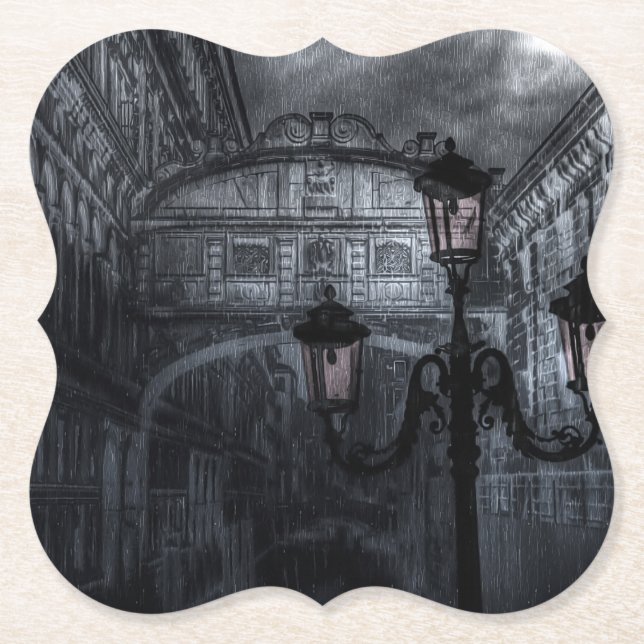 Dark Venice Rain Bridge of Sighs at Night Paper Coaster (Front)