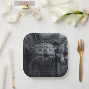 Dark Venice Rain Bridge of Sighs at Night Paper Plate
