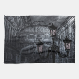 Dark Venice Rain Bridge of Sighs at Night Tea Towel