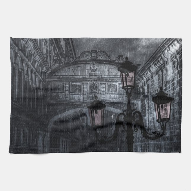 Dark Venice Rain Bridge of Sighs at Night Tea Towel (Horizontal)